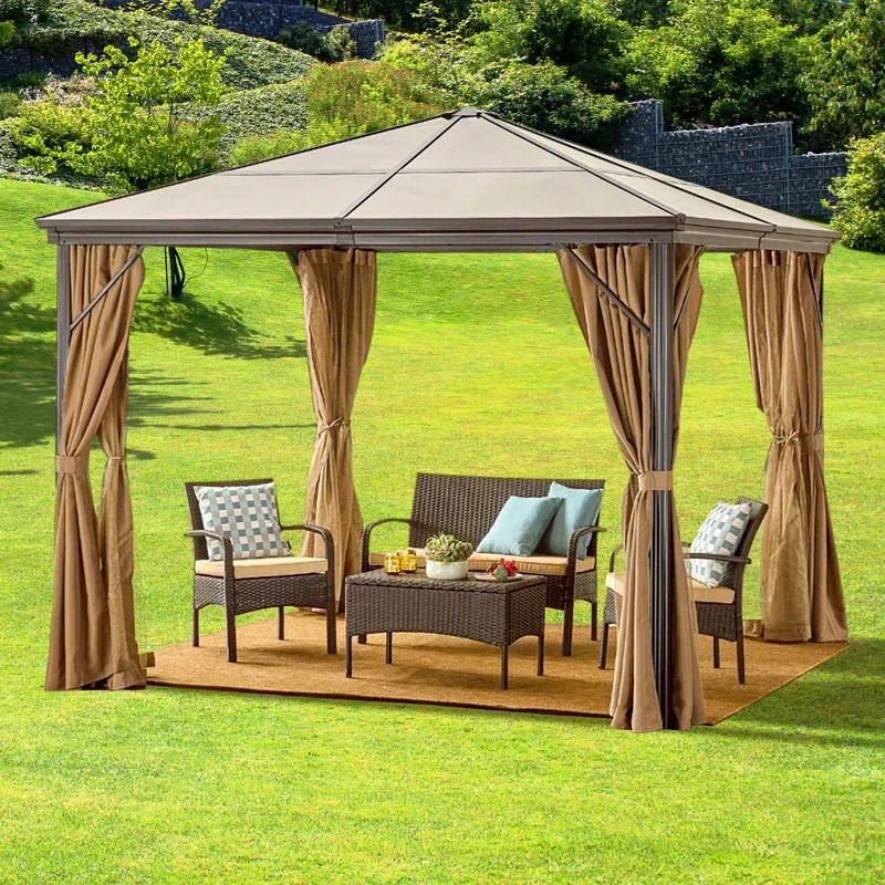 10x10 Ft Elegant Aluminum Gazebo, Canopy Tent With Water-resistant Curtains And Polycarbonate Roof