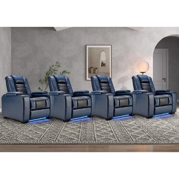 Valdur Adjustable Headrest Power Recliner Man Cave Home Theater Chair With Cup Holders USB LED (Set Of 4)