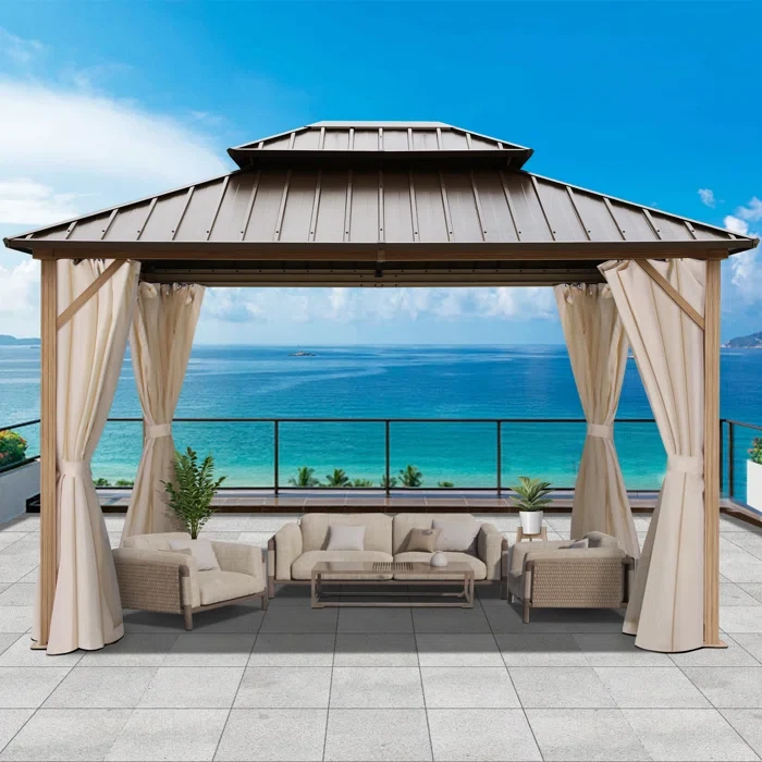 Patio Galvanized Steel Hardtop Gazebo with Aluminum Frame, Double Roof Gazebo with Netting & Curtain