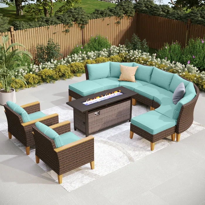 Argyri Wicker Outdoor Patio Conversation Furniture Sectional Set with Fire Pit Table