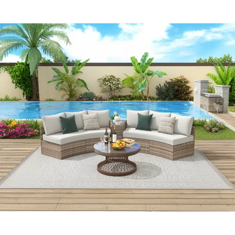 Leiny Patio Conversation Set, 7 Piece Half-moon Sectional Round Patio Furniture Set, With Large Storage Wedge Table Wicker Sofa Set, For Backyard Patio Garden