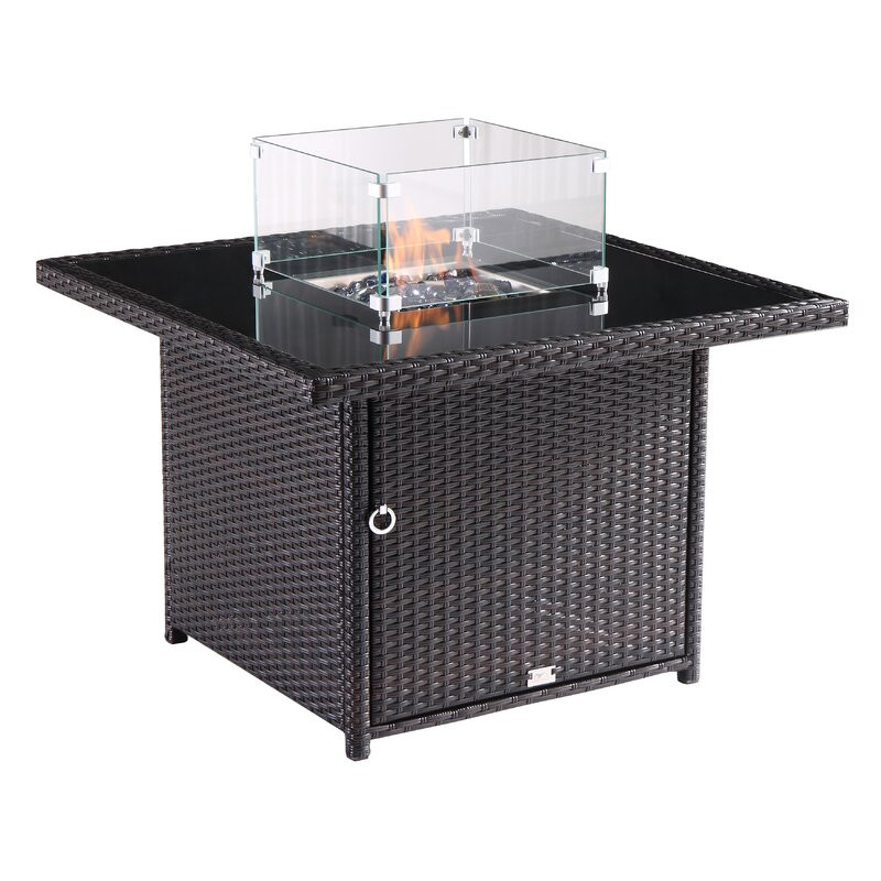 36" Square Propane Fire Pit Outdoor Patio Table In Brown With Reflective Tempered Fire Glass