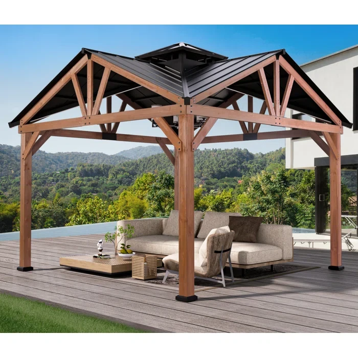 Biscayne 12 Ft. W x 12 Ft. D Cedar Wood Peak Top Gazebo with Galvanized Steel Roof