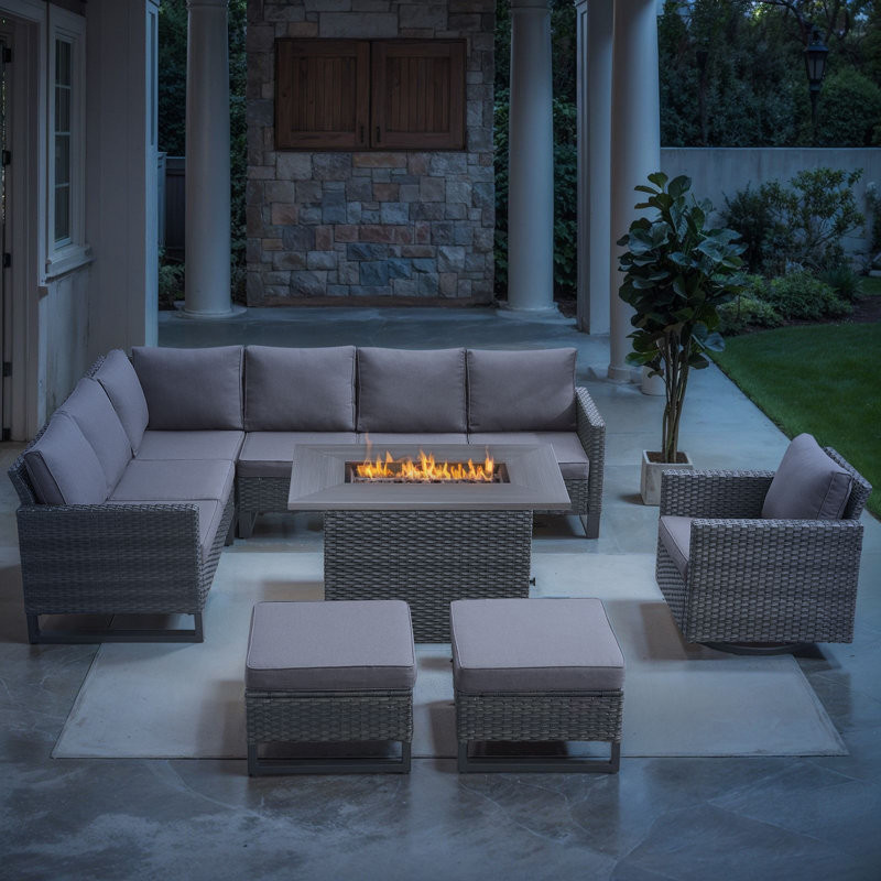 Hansencamp 8 - Person Outdoor Sectional Seating Group With Fire Pit With Swivel Glide Chair And Cushions